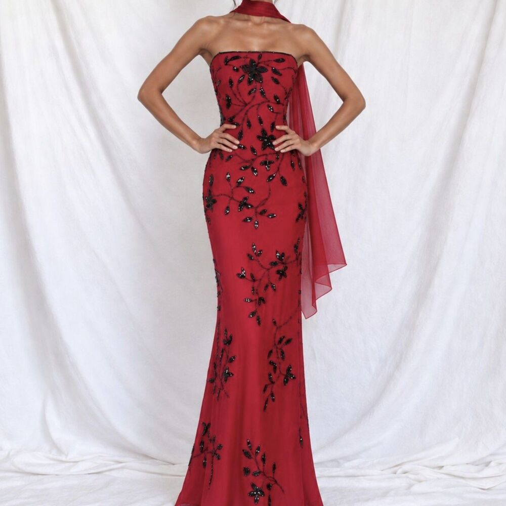 Vintage Y2K Red Black Floral Beaded Fit Flared Maxi Prom Dress Size L/XL